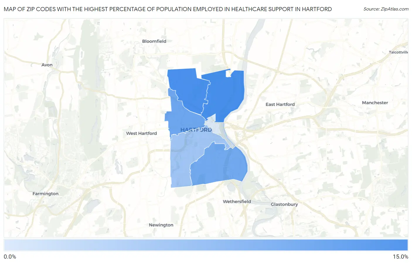 Zip Codes with the Highest Percentage of Population Employed in Healthcare Support in Hartford Map