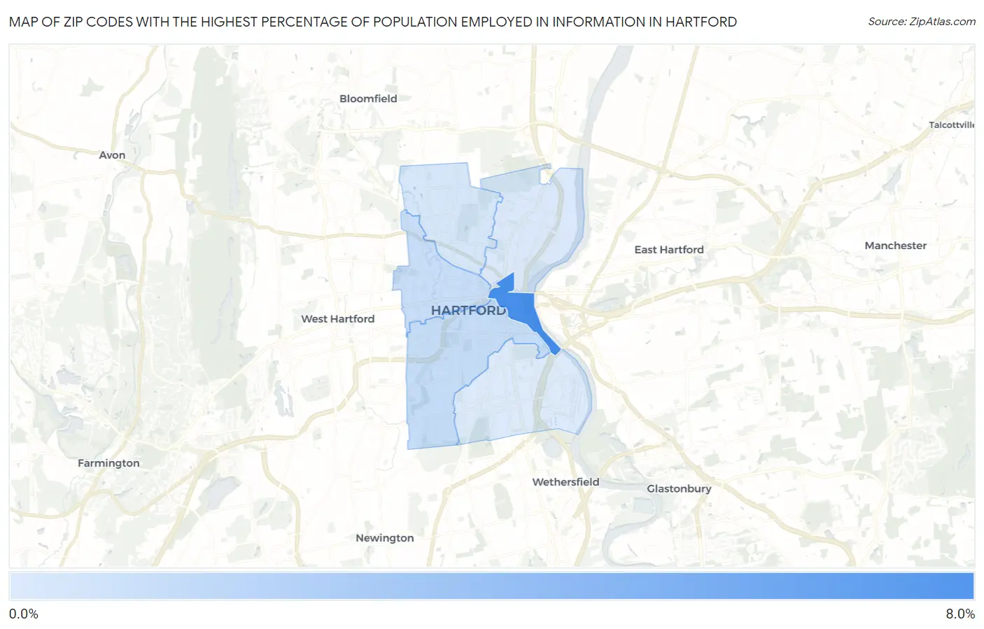 Zip Codes with the Highest Percentage of Population Employed in Information in Hartford Map