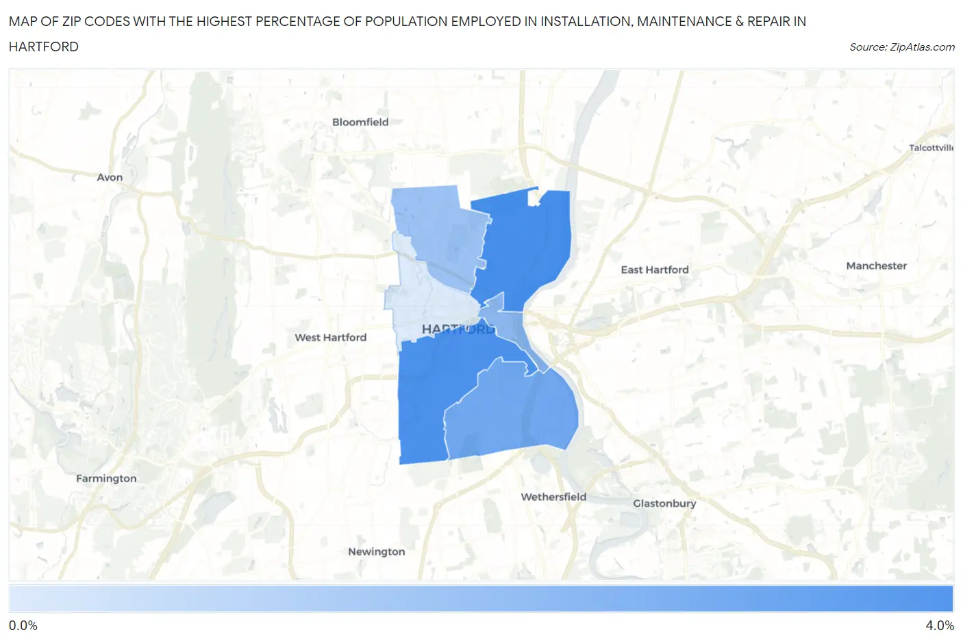 Zip Codes with the Highest Percentage of Population Employed in Installation, Maintenance & Repair in Hartford Map