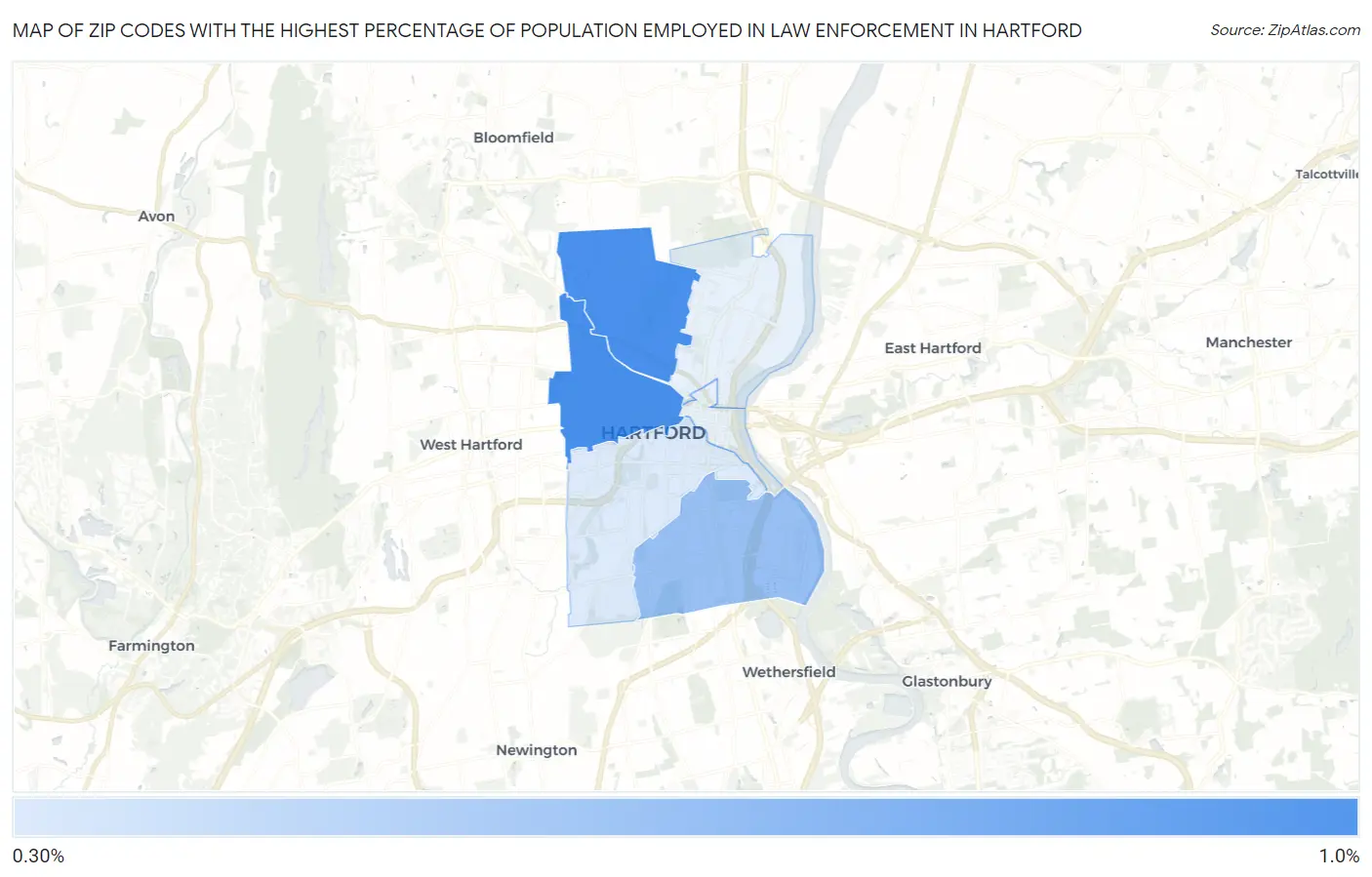Zip Codes with the Highest Percentage of Population Employed in Law Enforcement in Hartford Map
