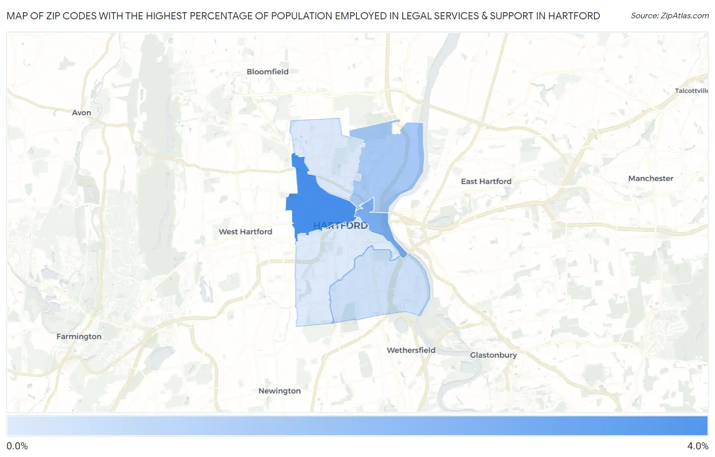 Zip Codes with the Highest Percentage of Population Employed in Legal Services & Support in Hartford Map