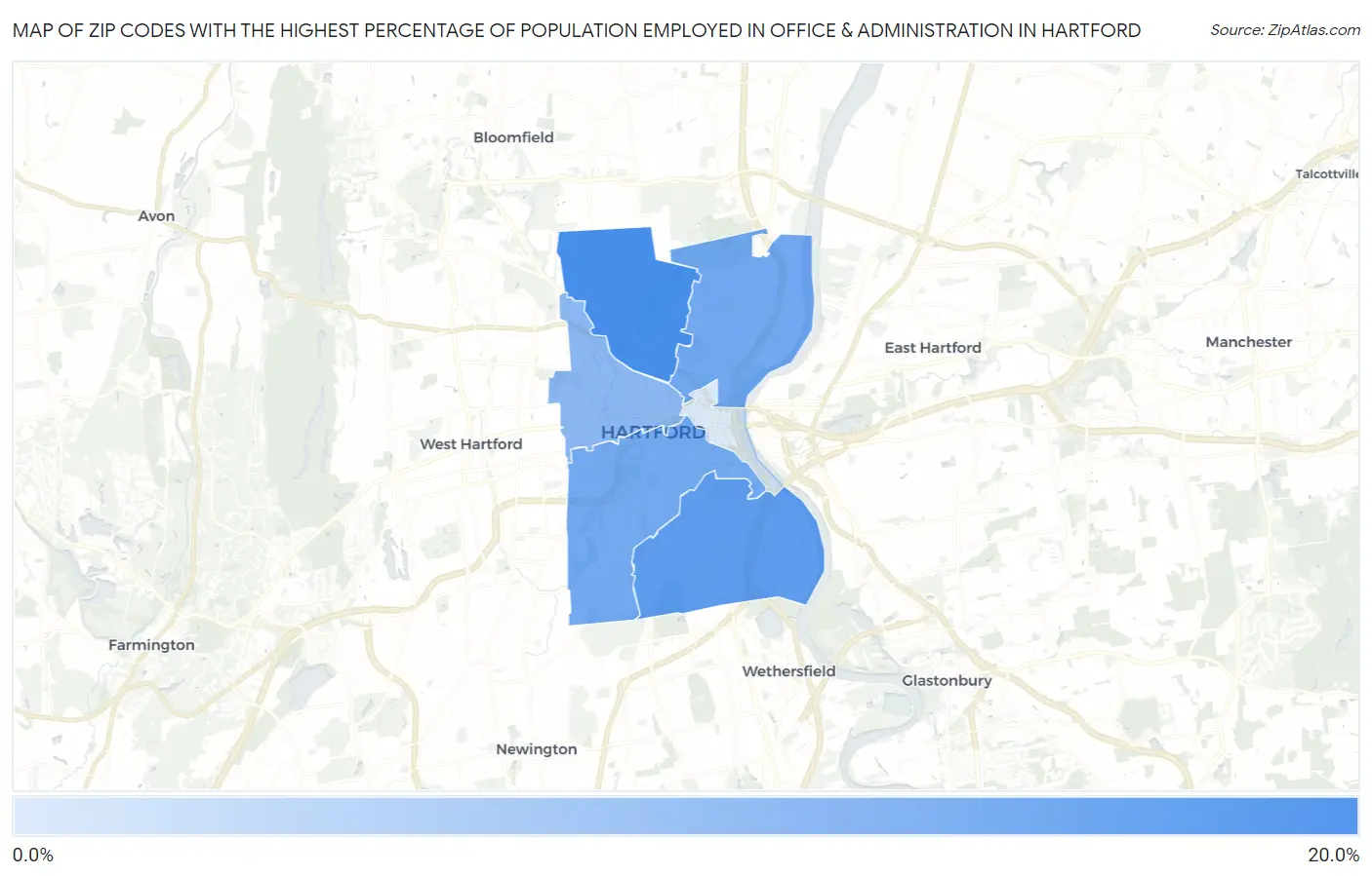 Zip Codes with the Highest Percentage of Population Employed in Office & Administration in Hartford Map