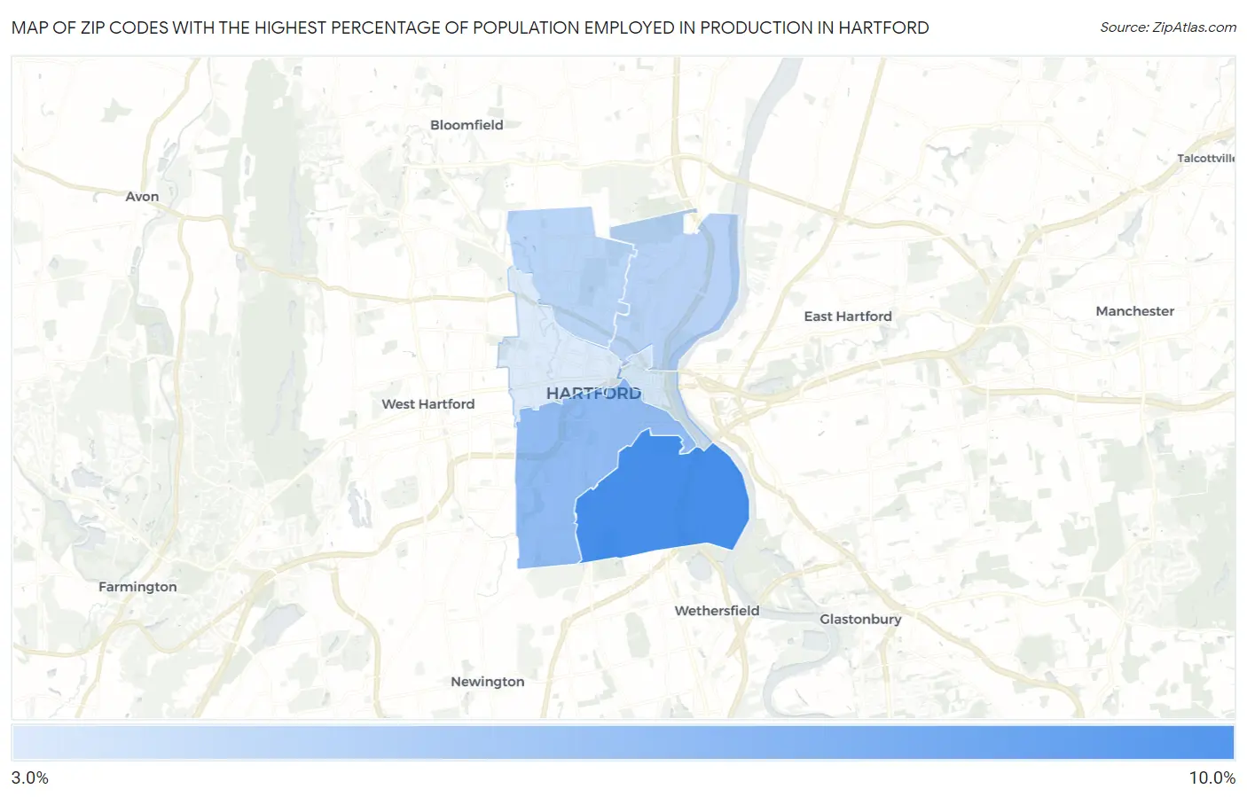 Zip Codes with the Highest Percentage of Population Employed in Production in Hartford Map