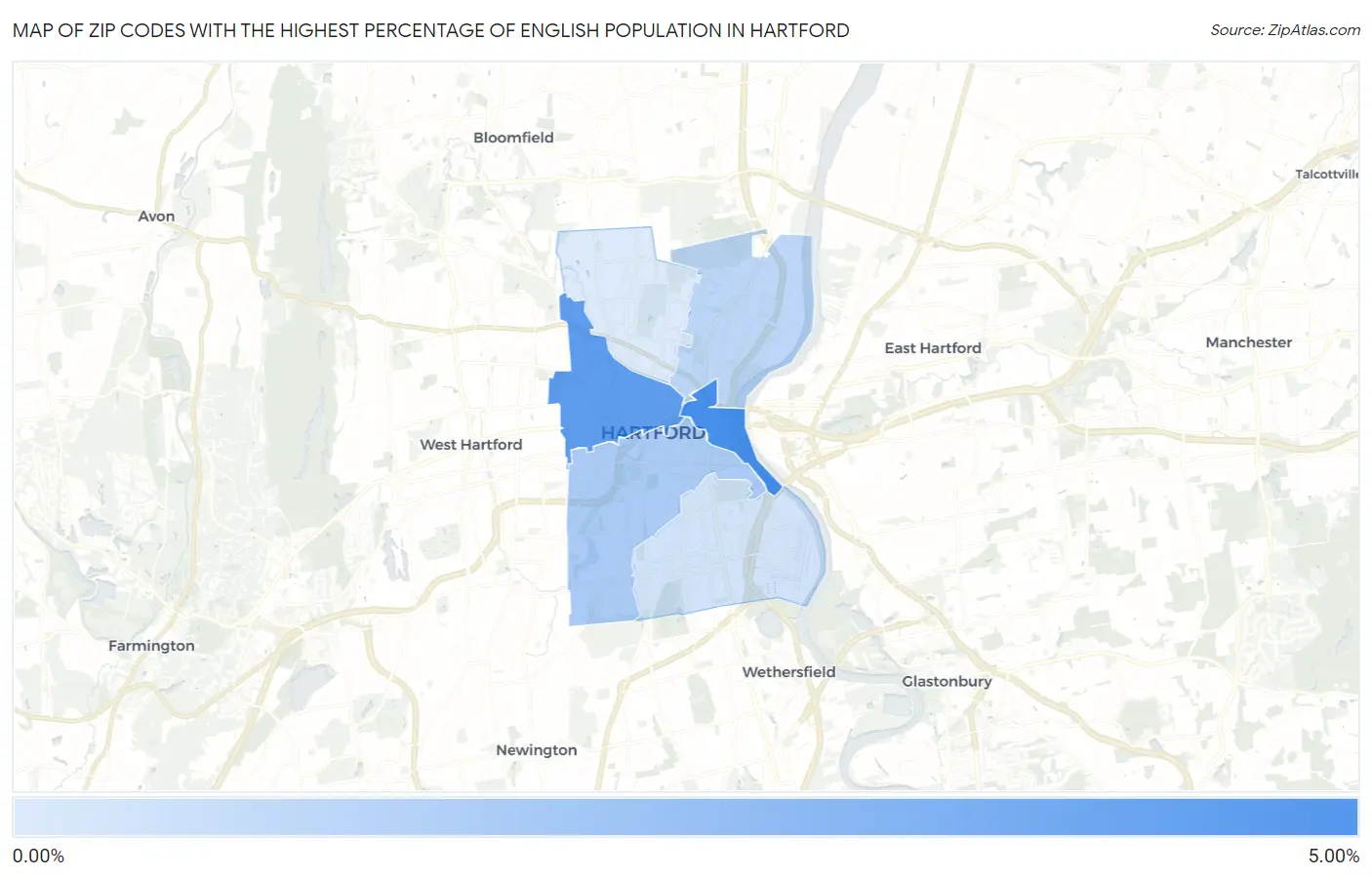 Zip Codes with the Highest Percentage of English Population in Hartford Map