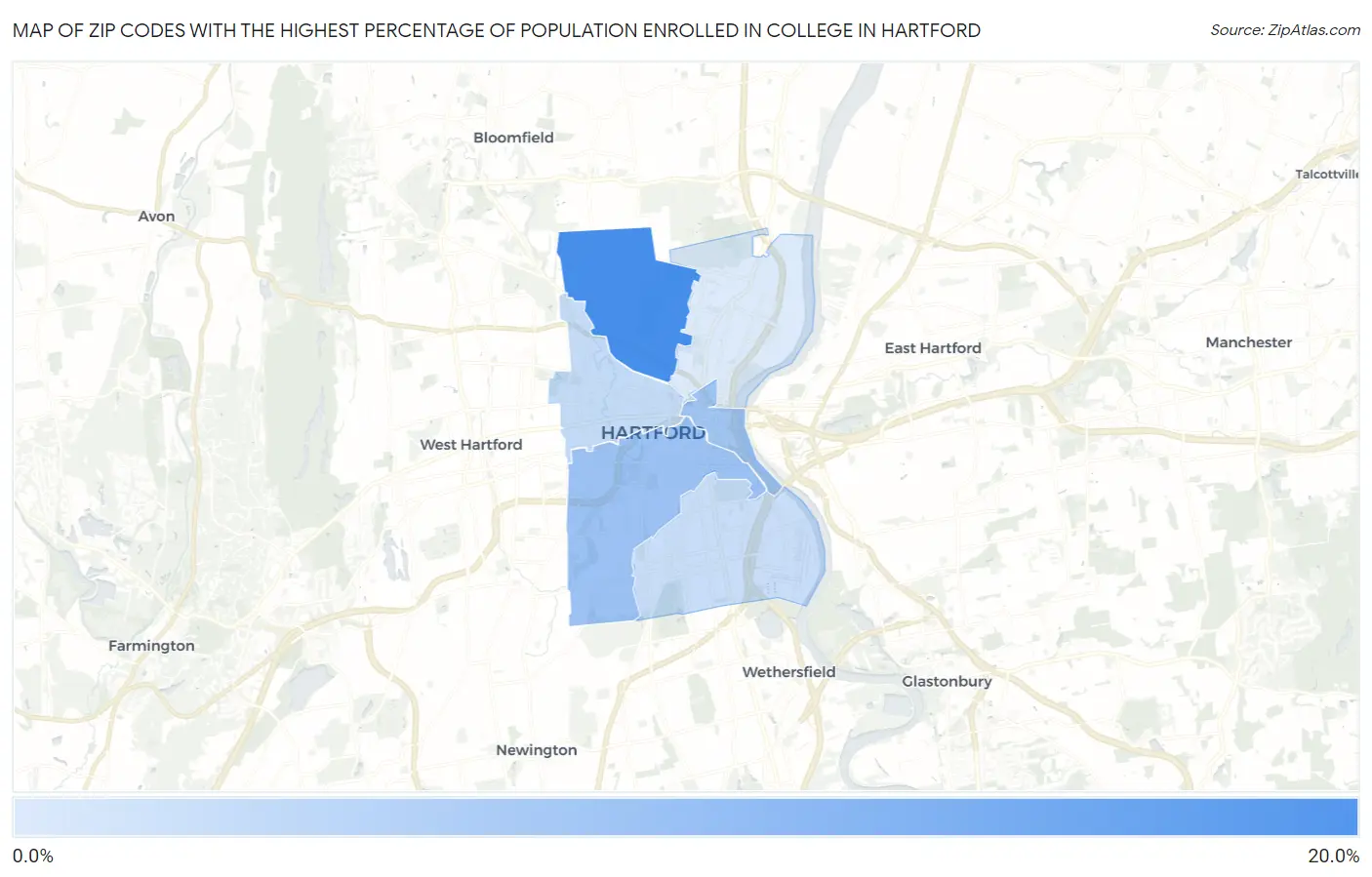 Zip Codes with the Highest Percentage of Population Enrolled in College in Hartford Map