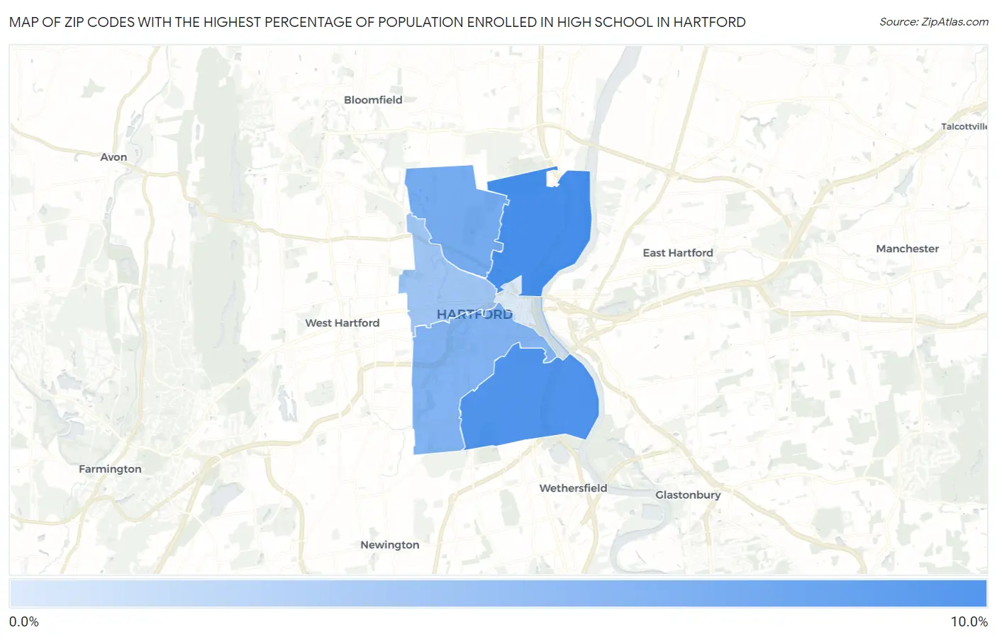 Zip Codes with the Highest Percentage of Population Enrolled in High School in Hartford Map