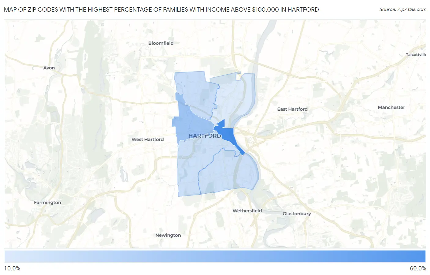 Zip Codes with the Highest Percentage of Families with Income Above $100,000 in Hartford Map