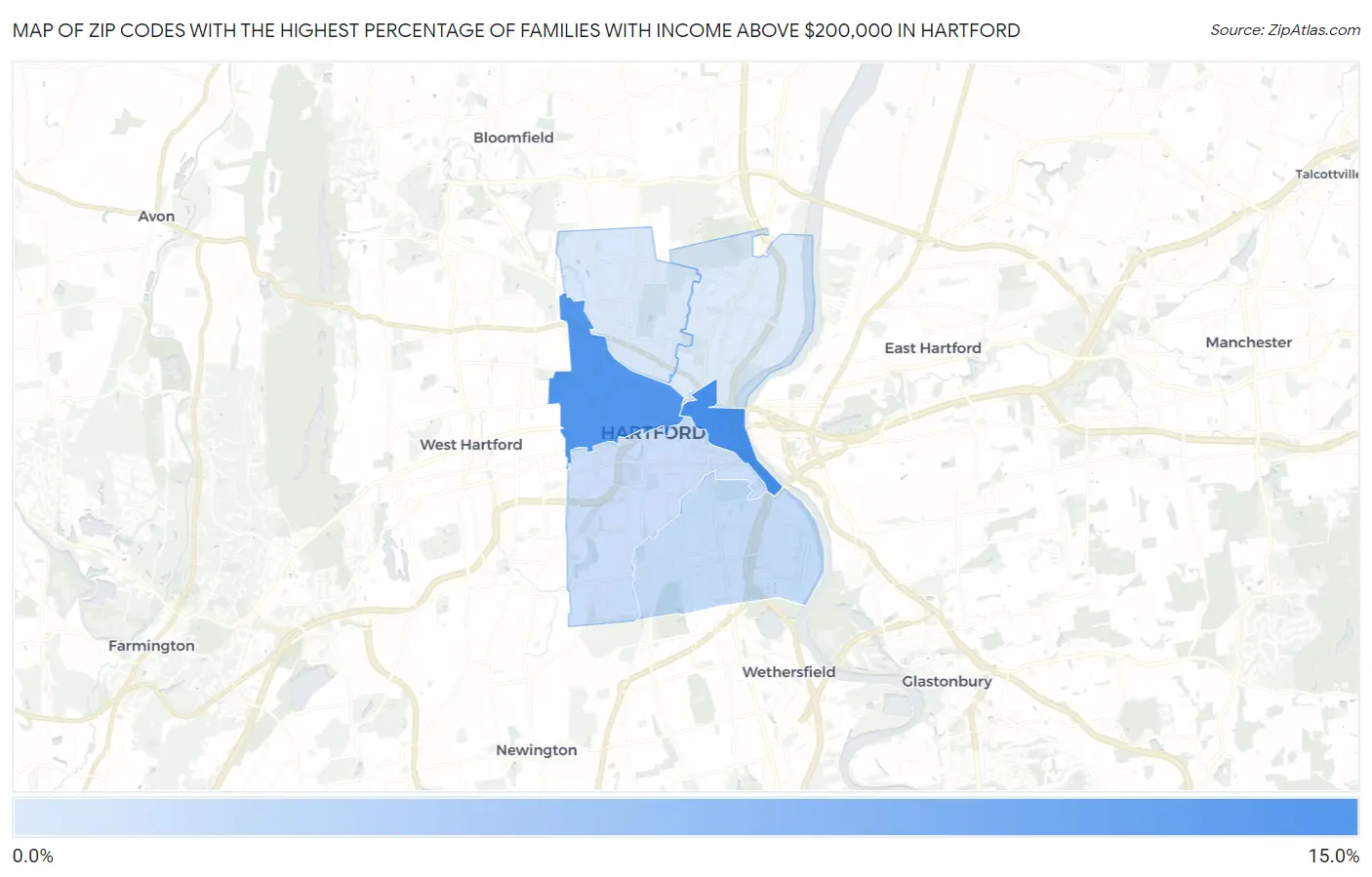 Zip Codes with the Highest Percentage of Families with Income Above $200,000 in Hartford Map