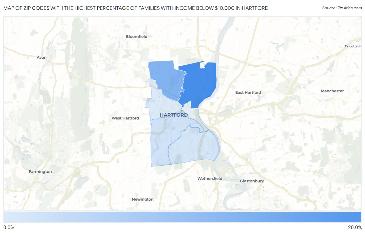 Zip Codes with the Highest Percentage of Families with Income Below $10,000 in Hartford Map