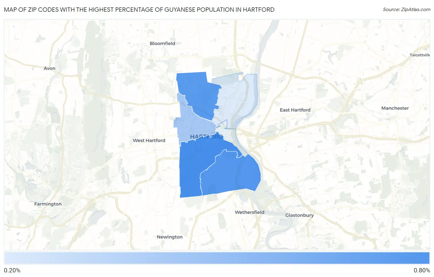 Zip Codes with the Highest Percentage of Guyanese Population in Hartford Map
