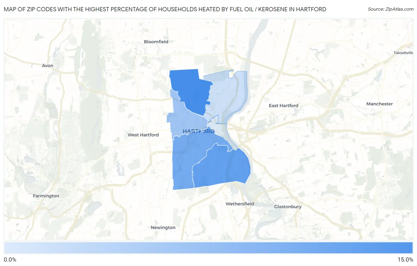 Zip Codes with the Highest Percentage of Households Heated by Fuel Oil / Kerosene in Hartford Map