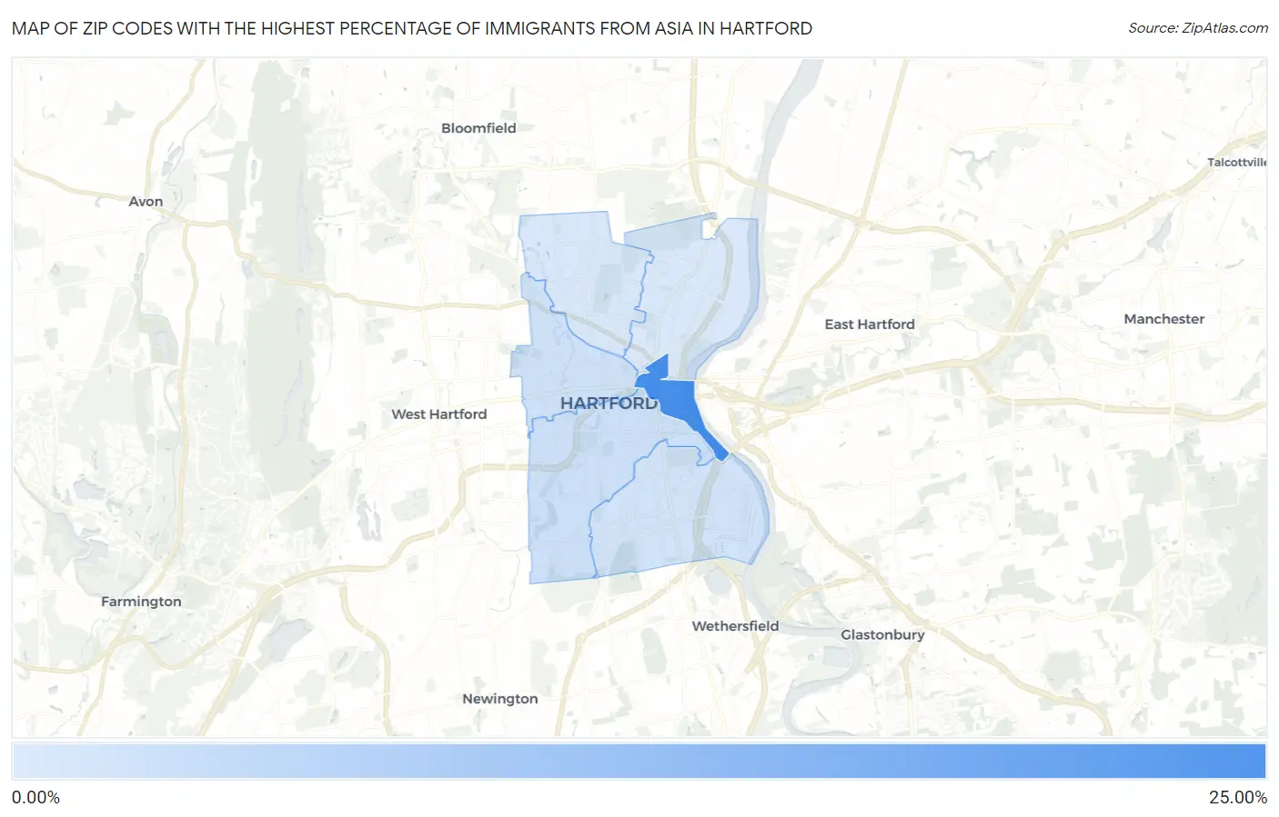 Zip Codes with the Highest Percentage of Immigrants from Asia in Hartford Map