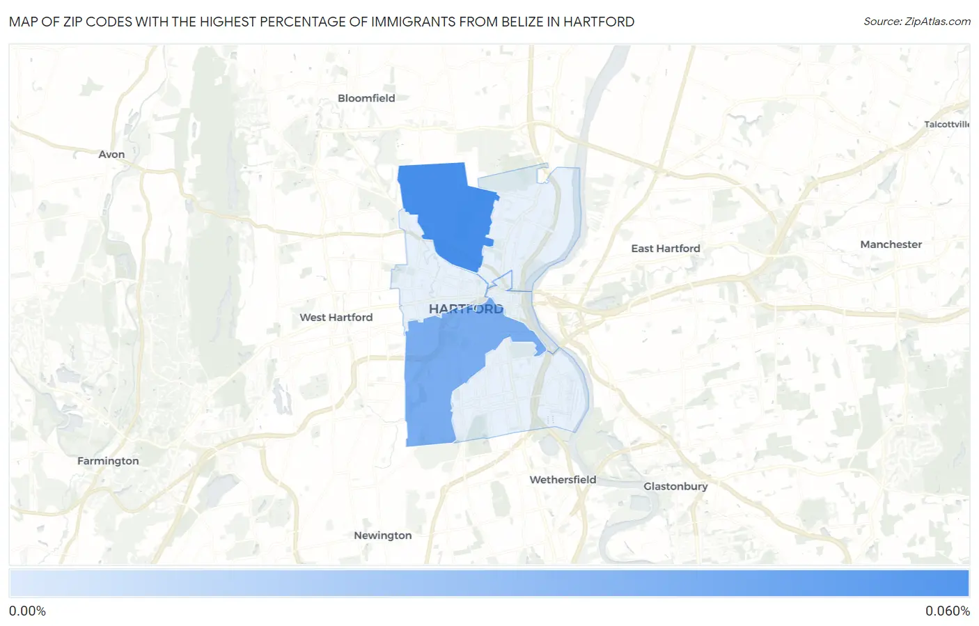 Zip Codes with the Highest Percentage of Immigrants from Belize in Hartford Map