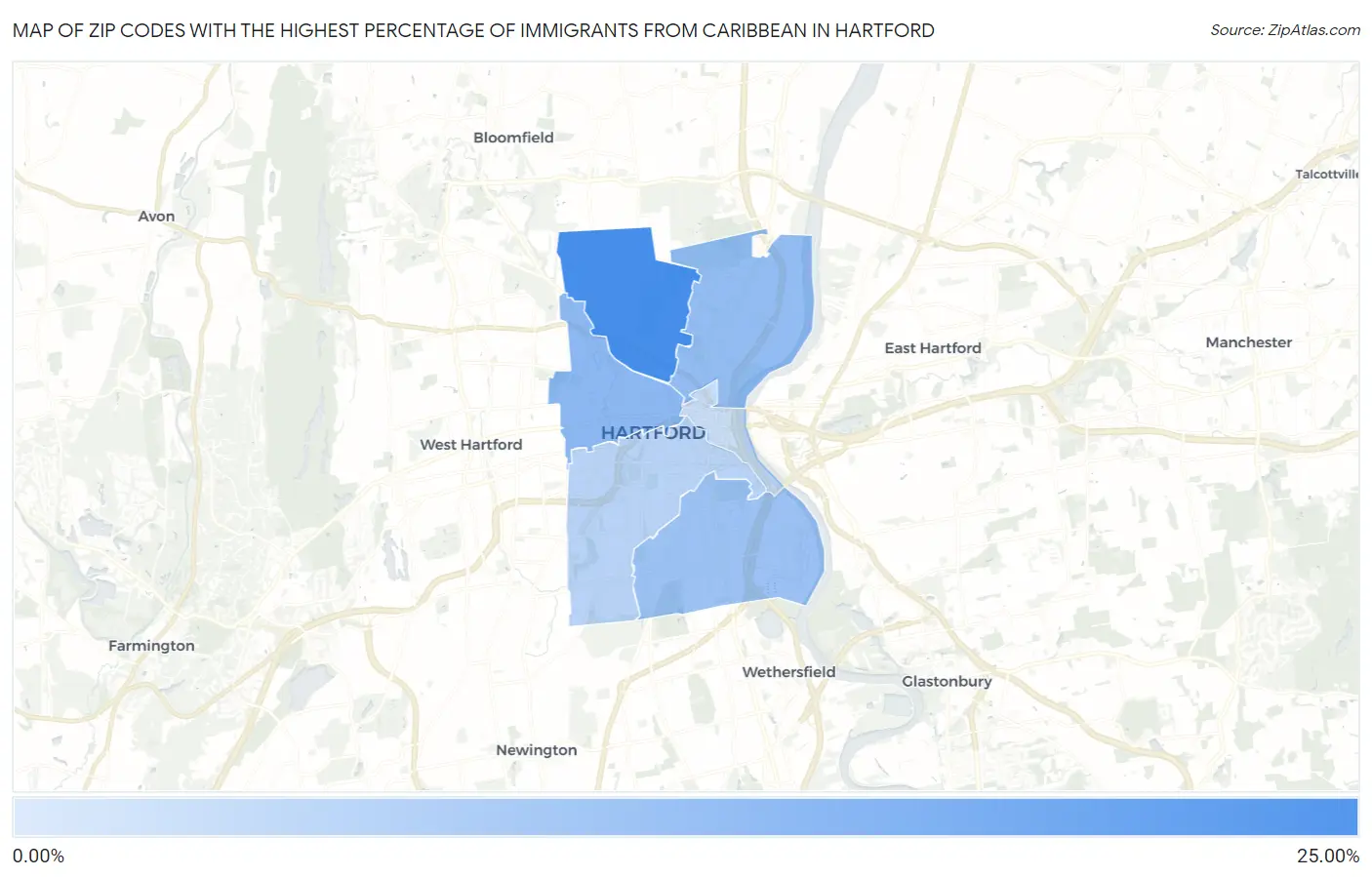 Zip Codes with the Highest Percentage of Immigrants from Caribbean in Hartford Map