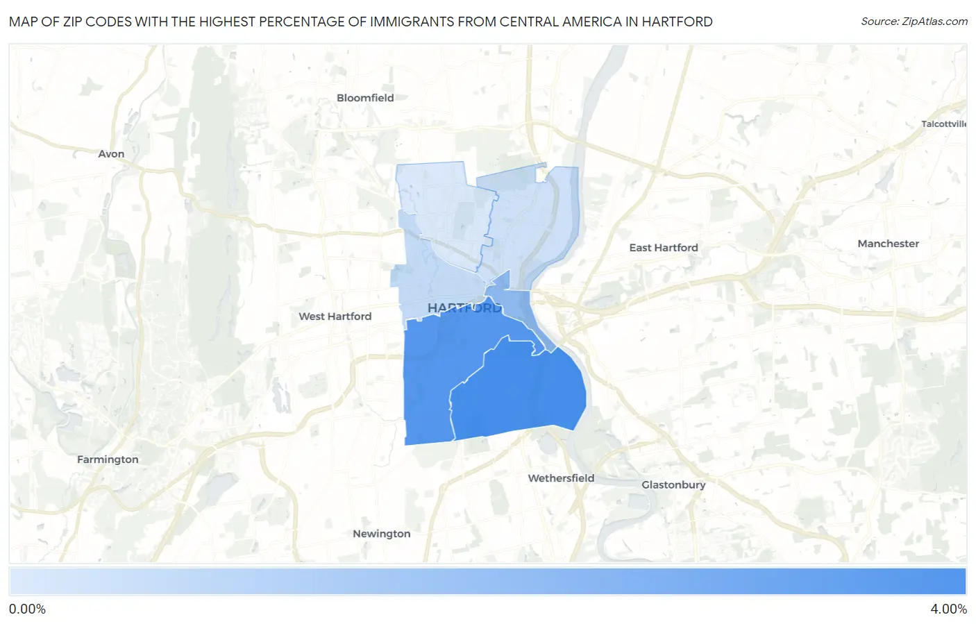 Zip Codes with the Highest Percentage of Immigrants from Central America in Hartford Map