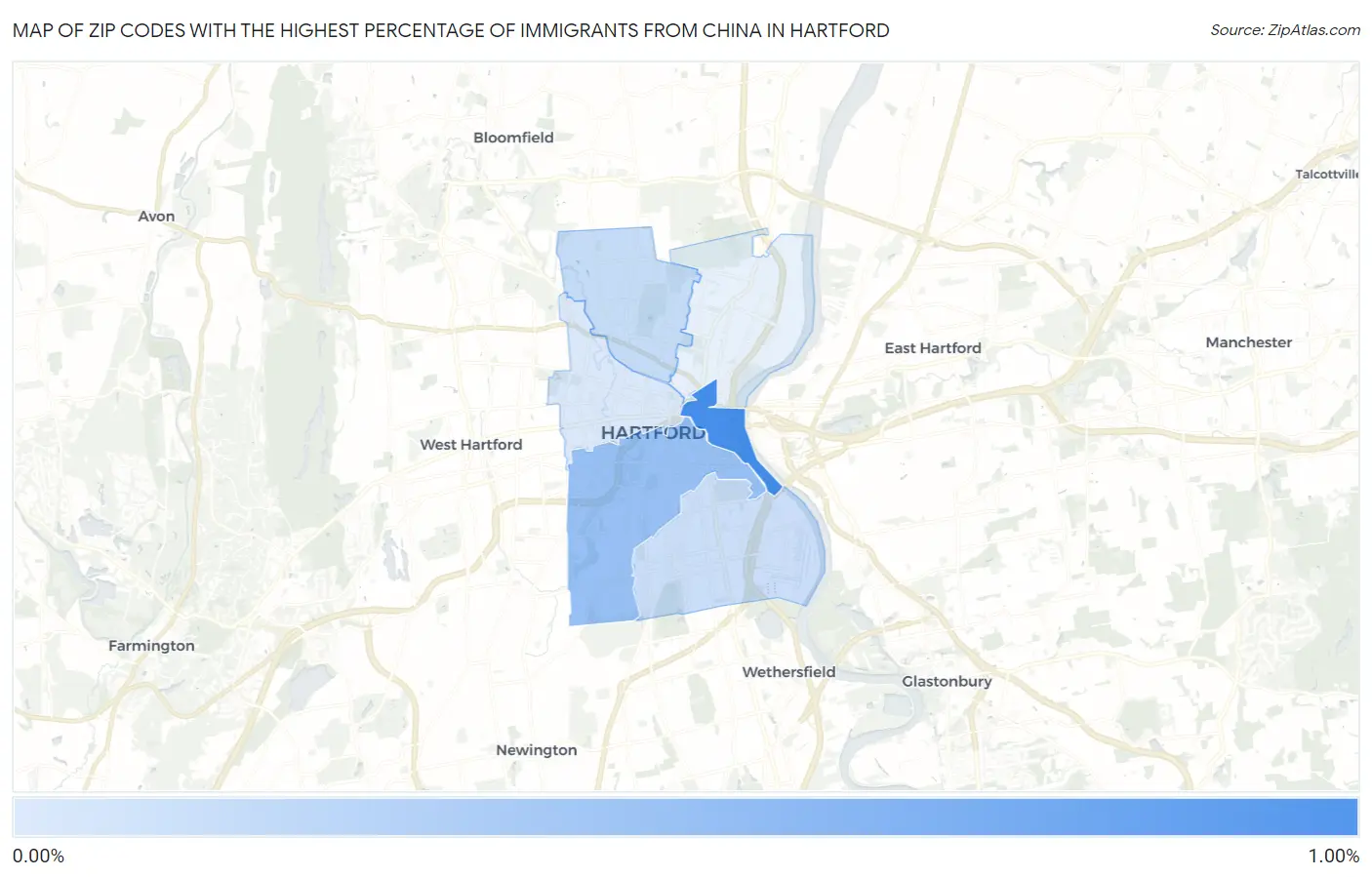 Zip Codes with the Highest Percentage of Immigrants from China in Hartford Map