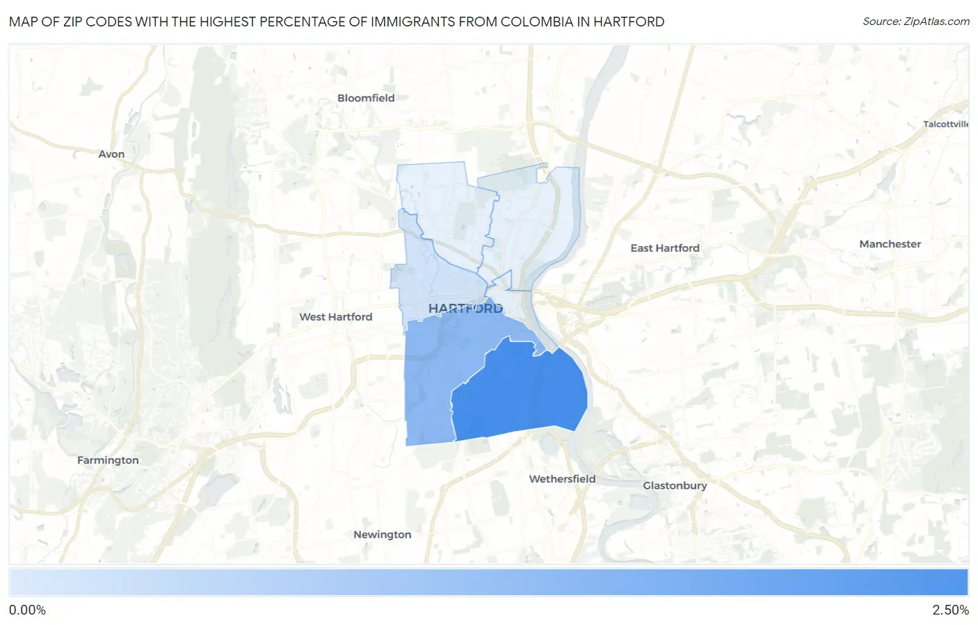 Zip Codes with the Highest Percentage of Immigrants from Colombia in Hartford Map