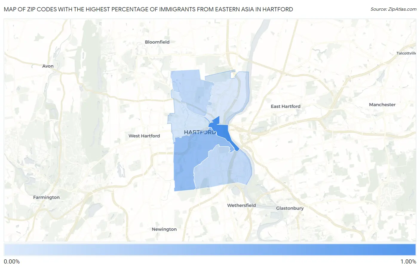 Zip Codes with the Highest Percentage of Immigrants from Eastern Asia in Hartford Map