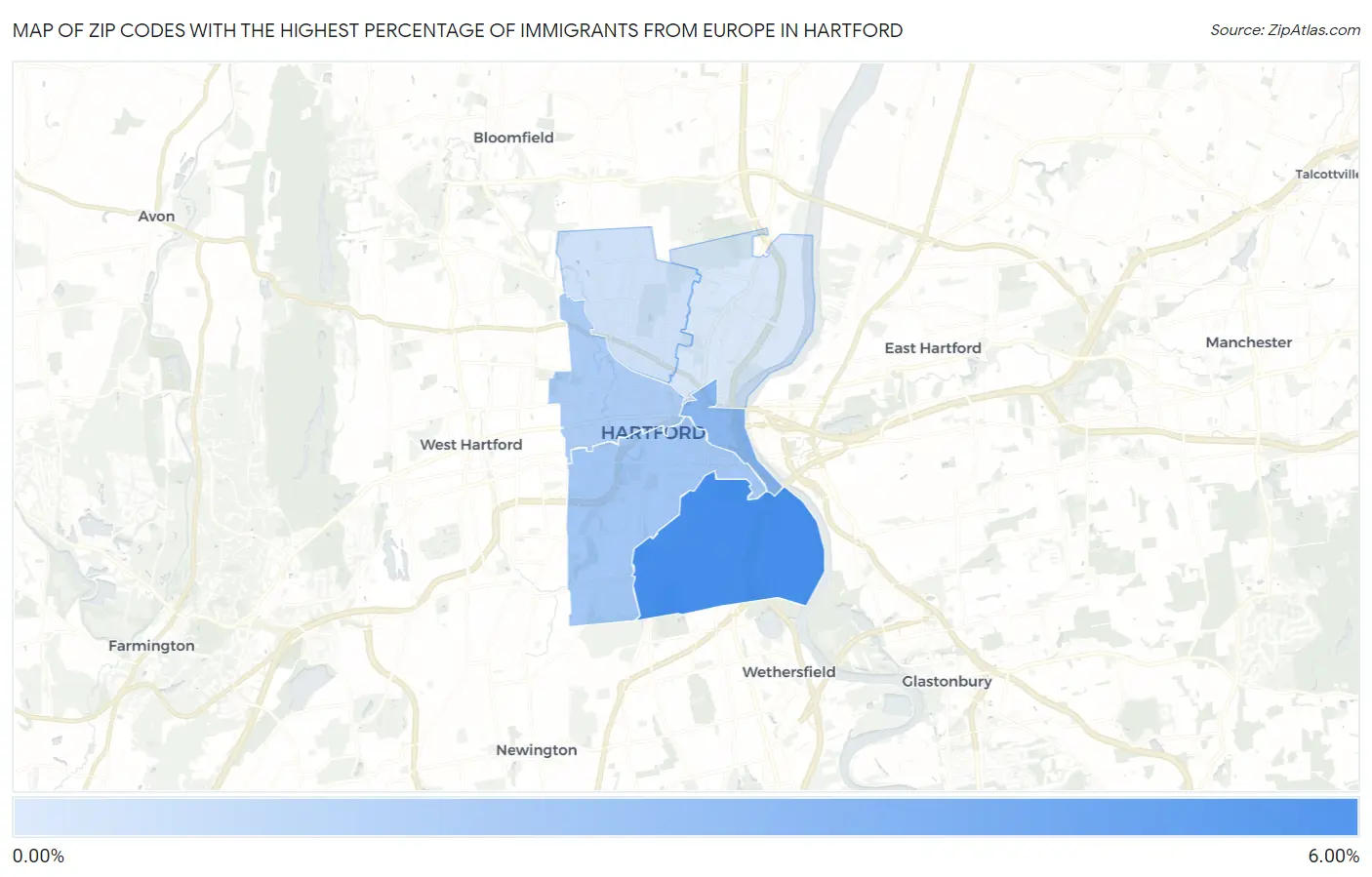 Zip Codes with the Highest Percentage of Immigrants from Europe in Hartford Map