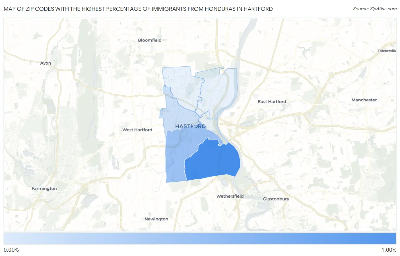 Zip Codes with the Highest Percentage of Immigrants from Honduras in Hartford Map
