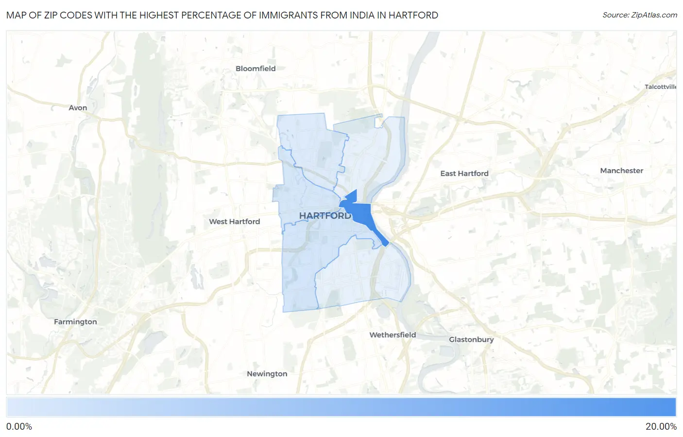 Zip Codes with the Highest Percentage of Immigrants from India in Hartford Map