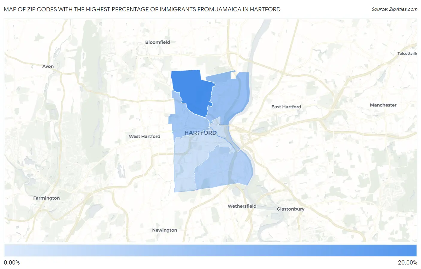 Zip Codes with the Highest Percentage of Immigrants from Jamaica in Hartford Map