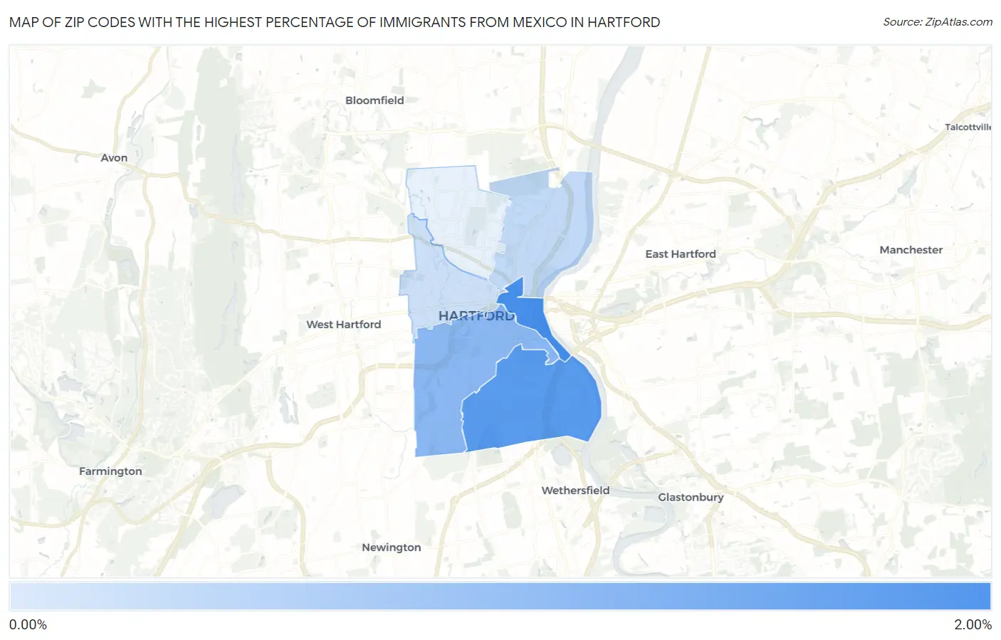 Zip Codes with the Highest Percentage of Immigrants from Mexico in Hartford Map
