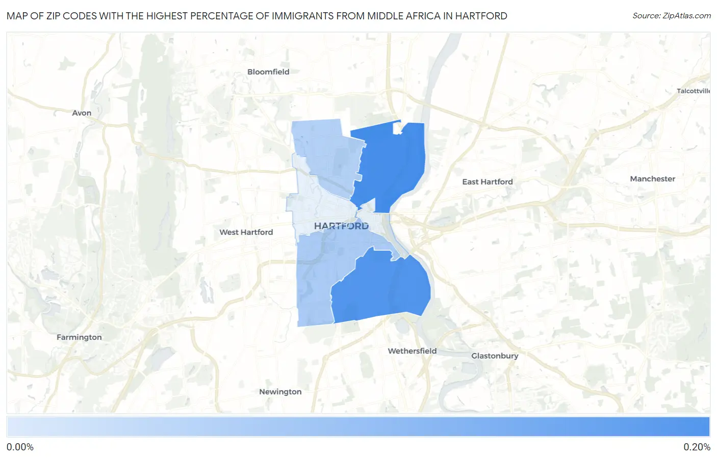 Zip Codes with the Highest Percentage of Immigrants from Middle Africa in Hartford Map