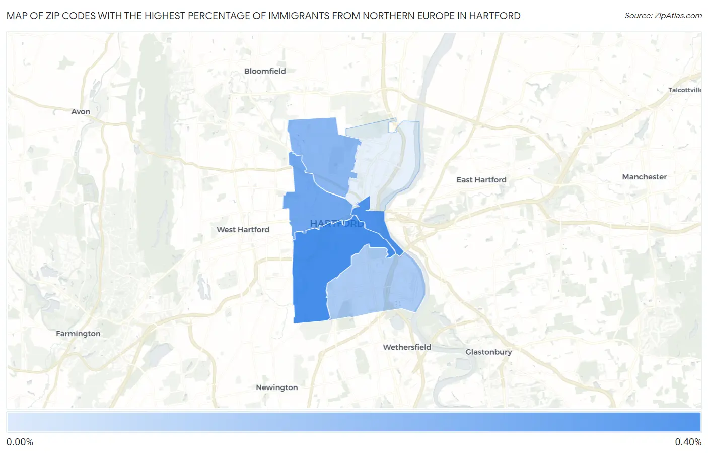 Zip Codes with the Highest Percentage of Immigrants from Northern Europe in Hartford Map