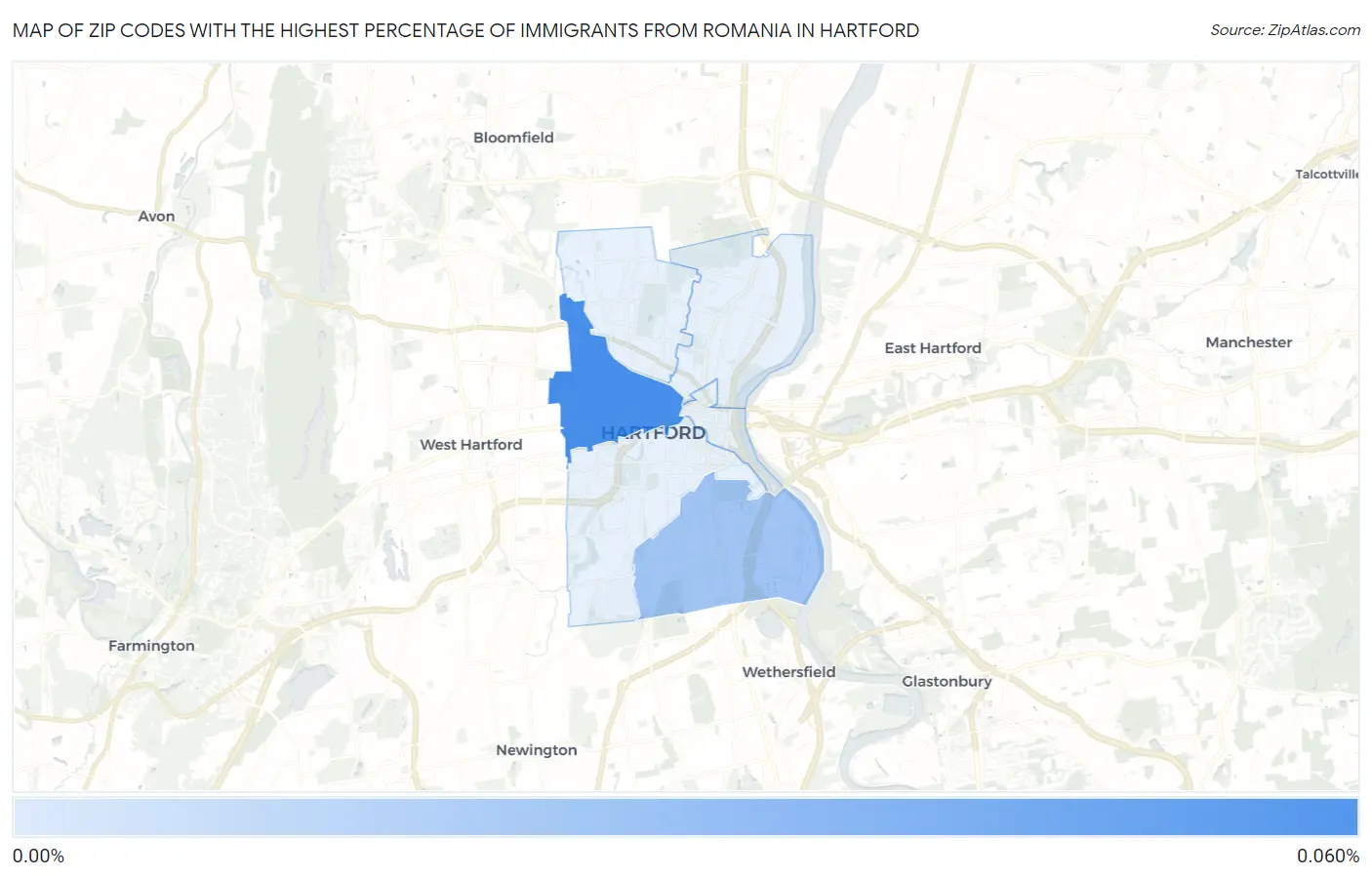 Zip Codes with the Highest Percentage of Immigrants from Romania in Hartford Map