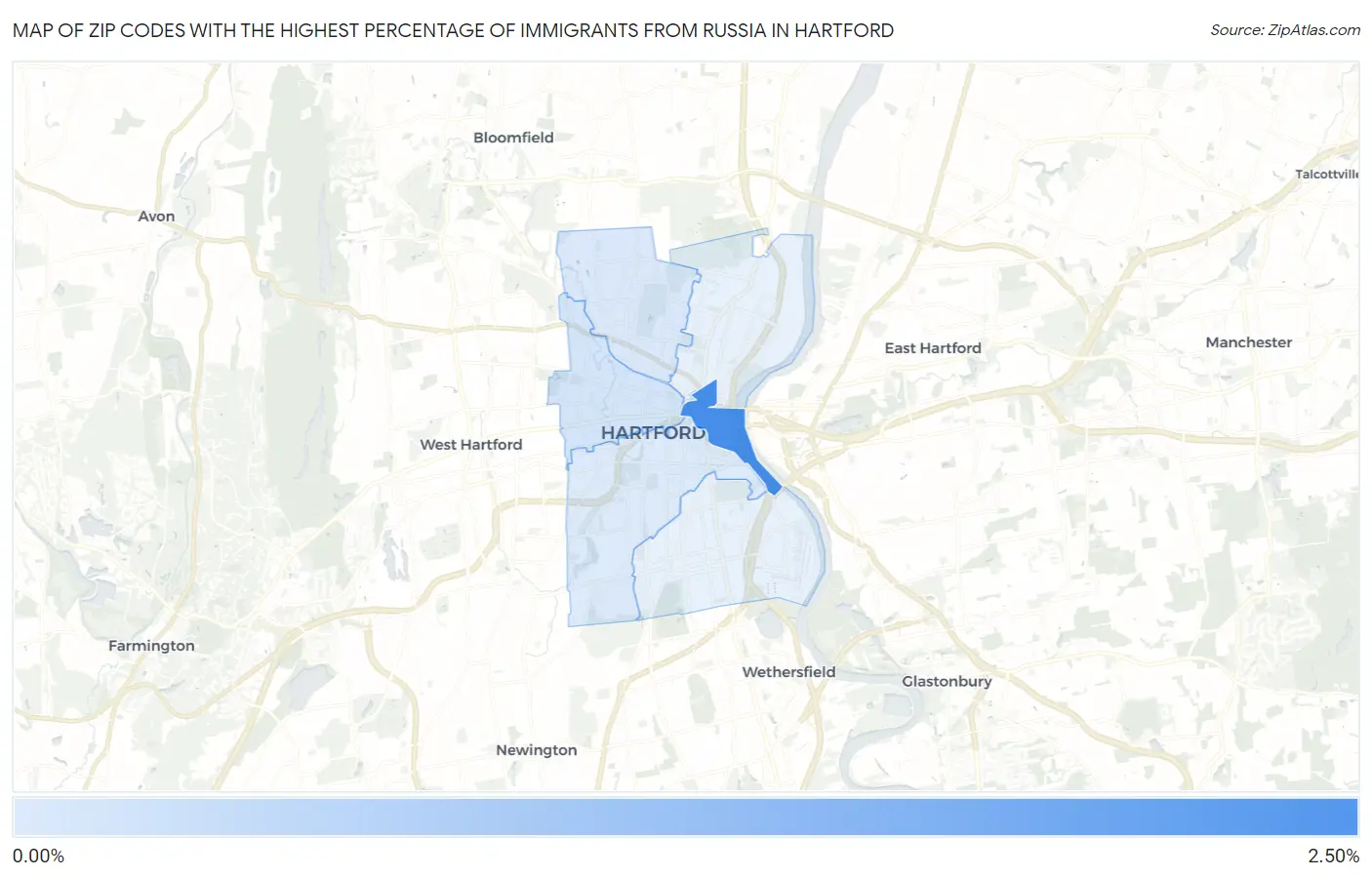 Zip Codes with the Highest Percentage of Immigrants from Russia in Hartford Map