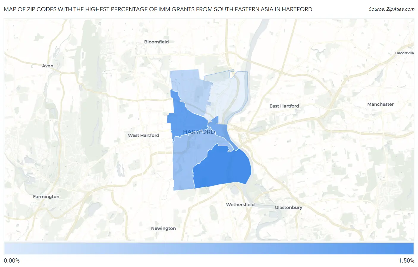 Zip Codes with the Highest Percentage of Immigrants from South Eastern Asia in Hartford Map