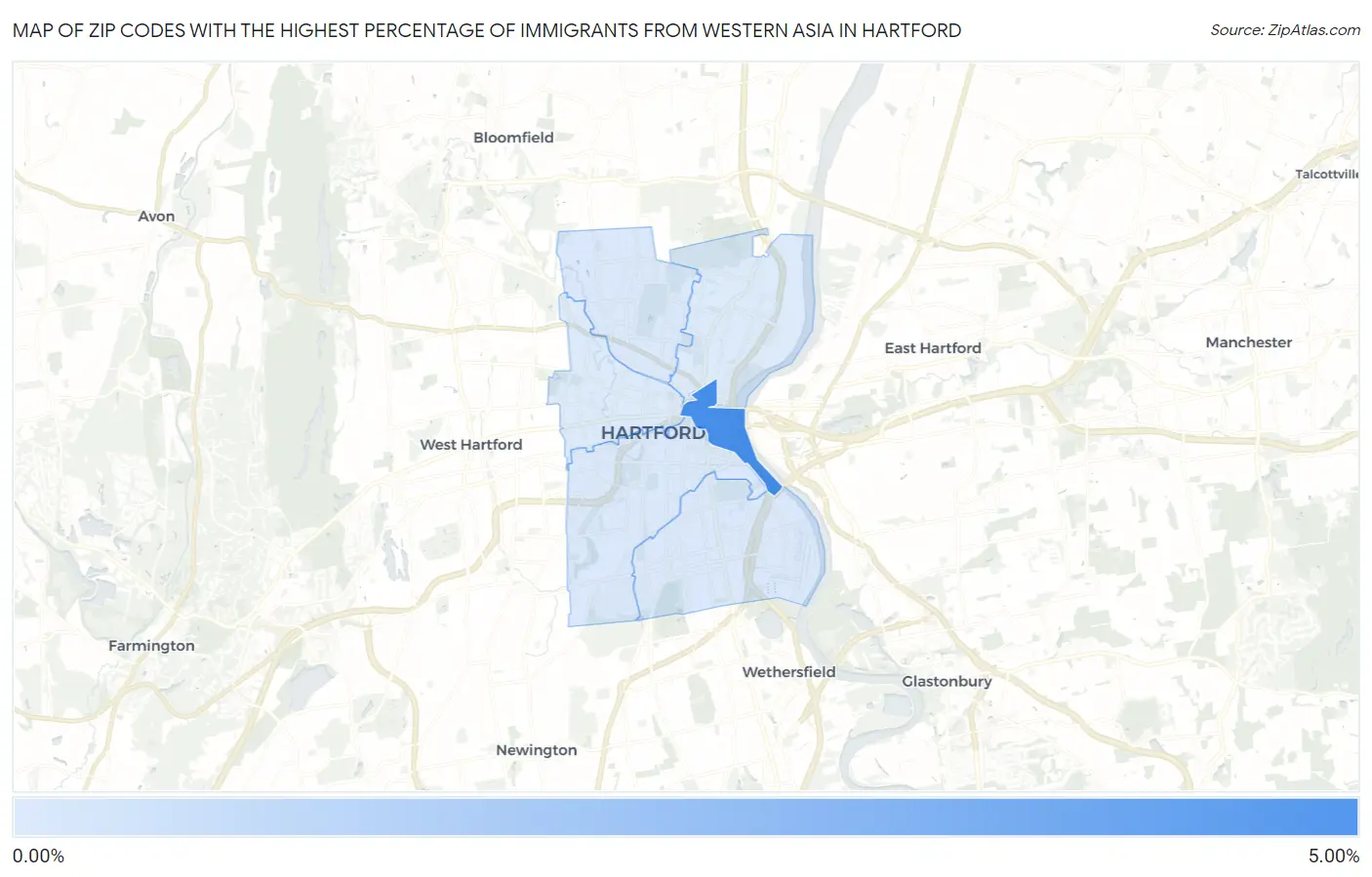 Zip Codes with the Highest Percentage of Immigrants from Western Asia in Hartford Map