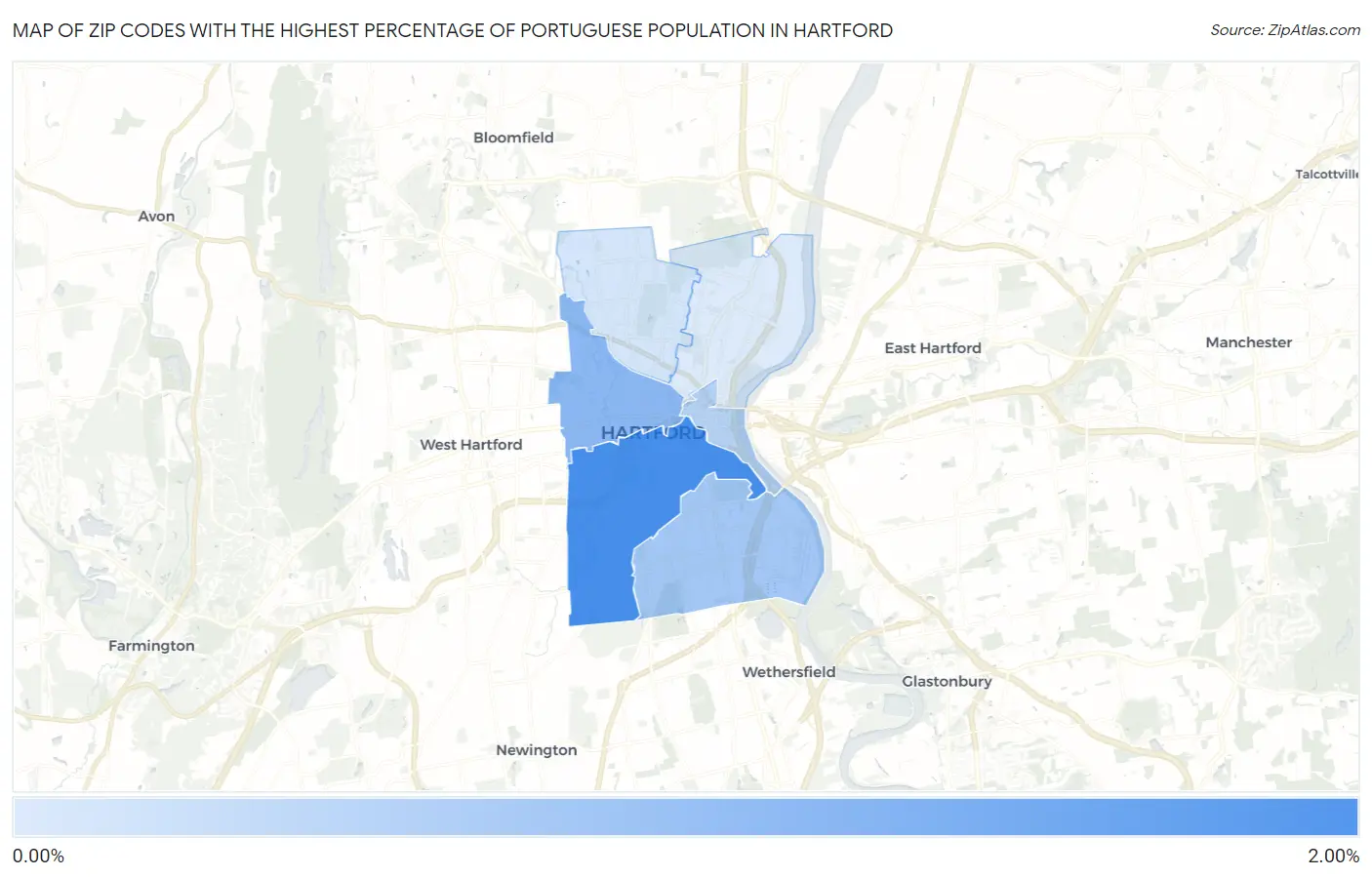 Zip Codes with the Highest Percentage of Portuguese Population in Hartford Map