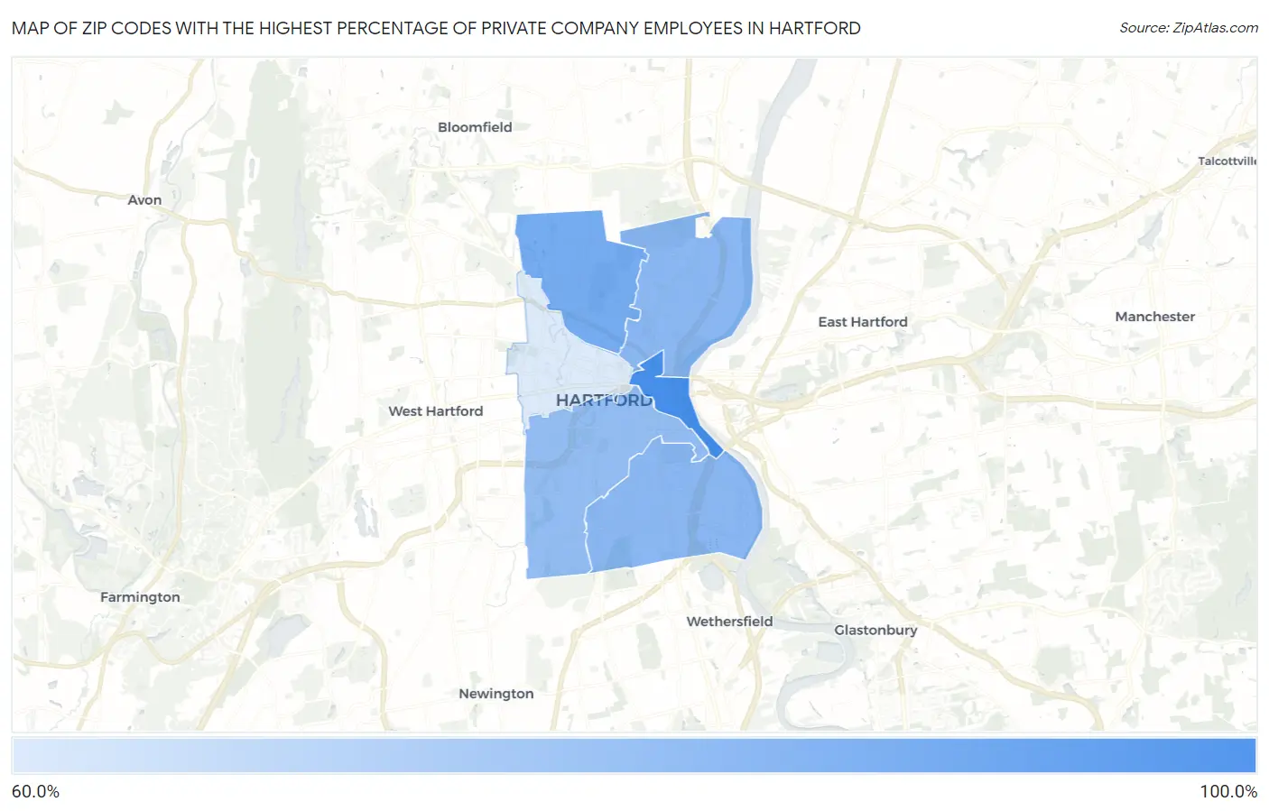 Zip Codes with the Highest Percentage of Private Company Employees in Hartford Map