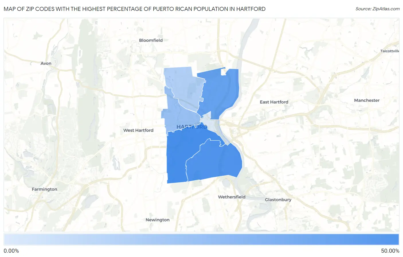 Zip Codes with the Highest Percentage of Puerto Rican Population in Hartford Map