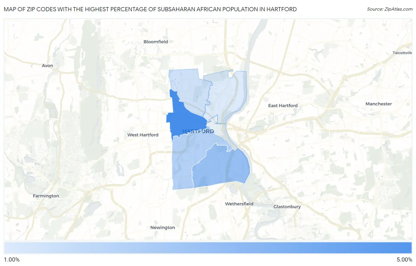 Zip Codes with the Highest Percentage of Subsaharan African Population in Hartford Map