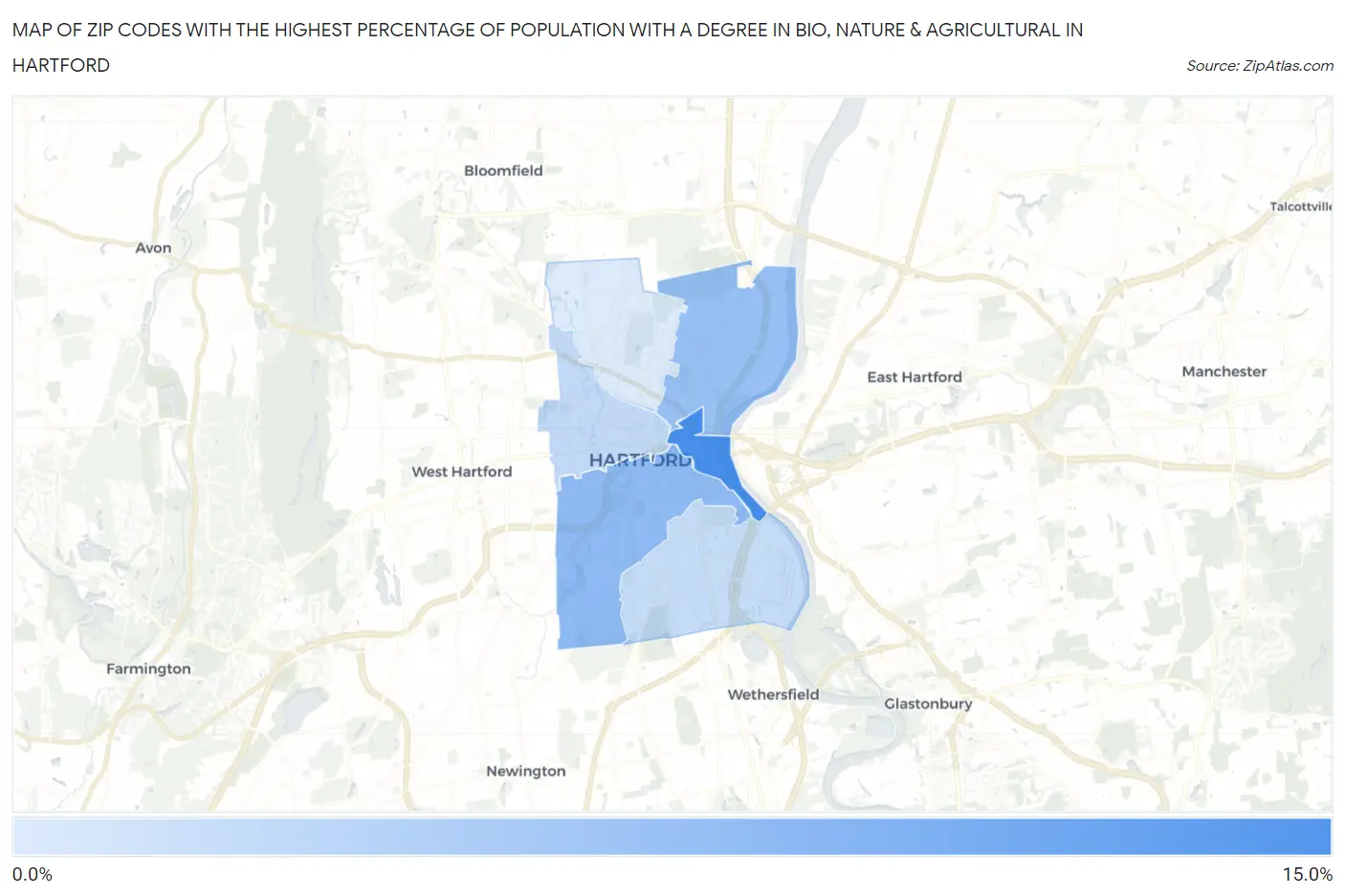 Zip Codes with the Highest Percentage of Population with a Degree in Bio, Nature & Agricultural in Hartford Map