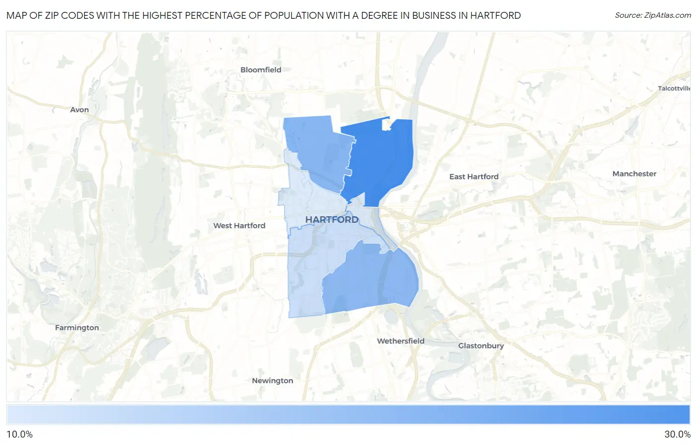 Zip Codes with the Highest Percentage of Population with a Degree in Business in Hartford Map
