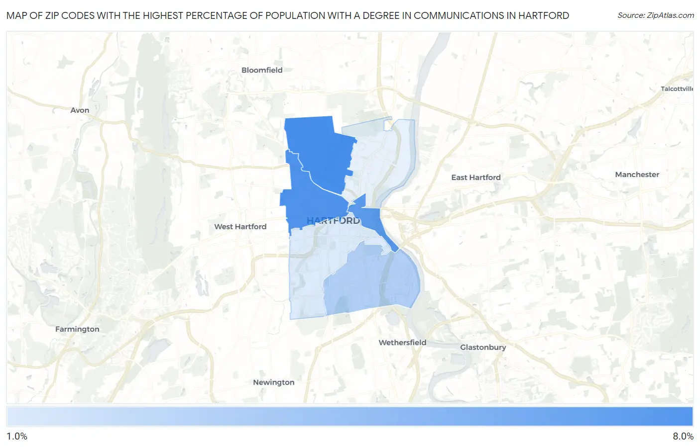 Zip Codes with the Highest Percentage of Population with a Degree in Communications in Hartford Map
