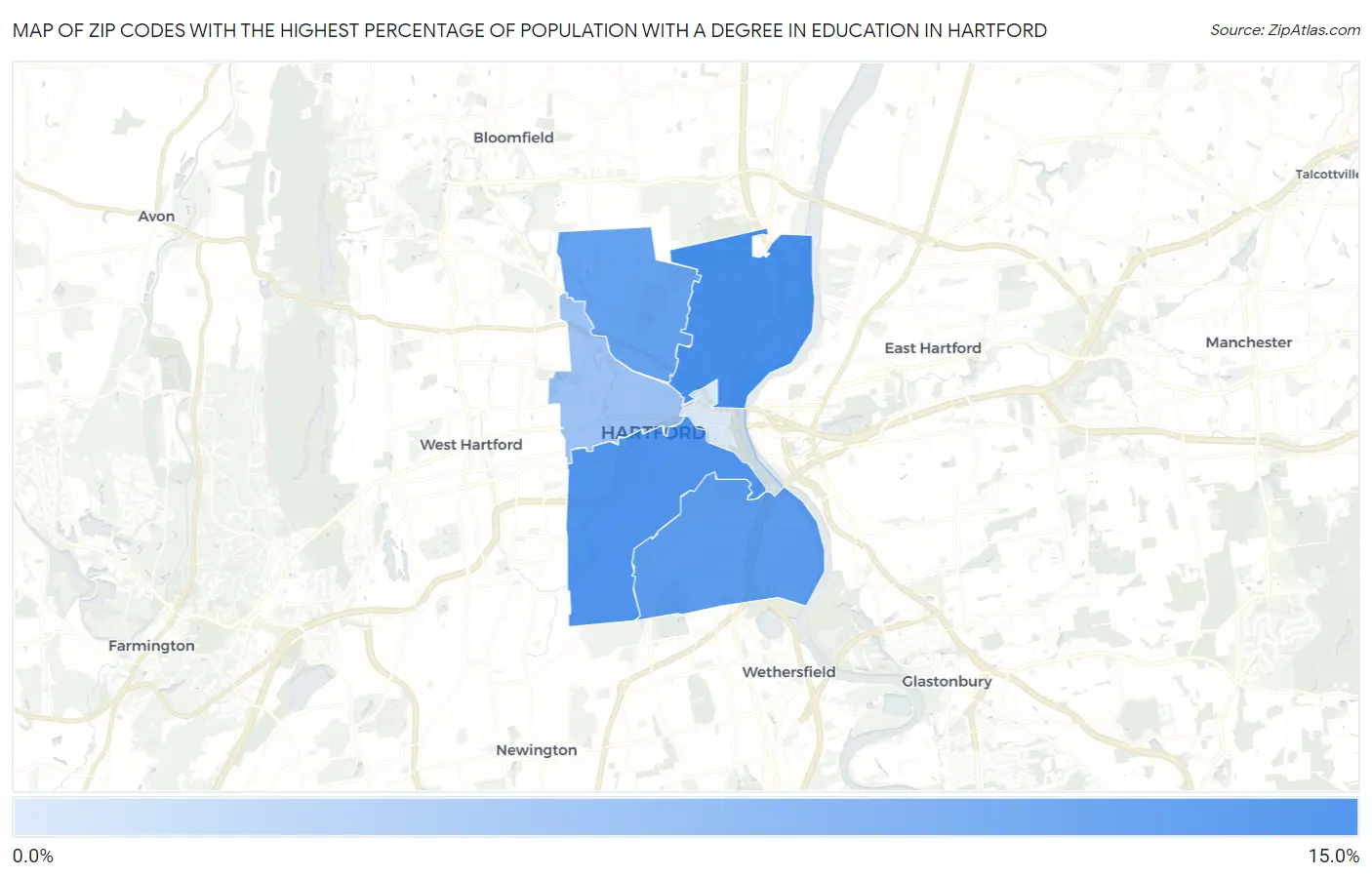 Zip Codes with the Highest Percentage of Population with a Degree in Education in Hartford Map