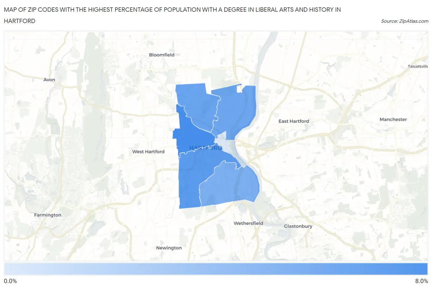 Zip Codes with the Highest Percentage of Population with a Degree in Liberal Arts and History in Hartford Map