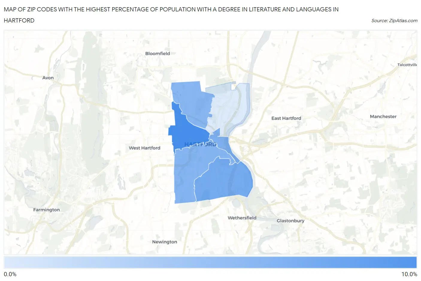 Zip Codes with the Highest Percentage of Population with a Degree in Literature and Languages in Hartford Map