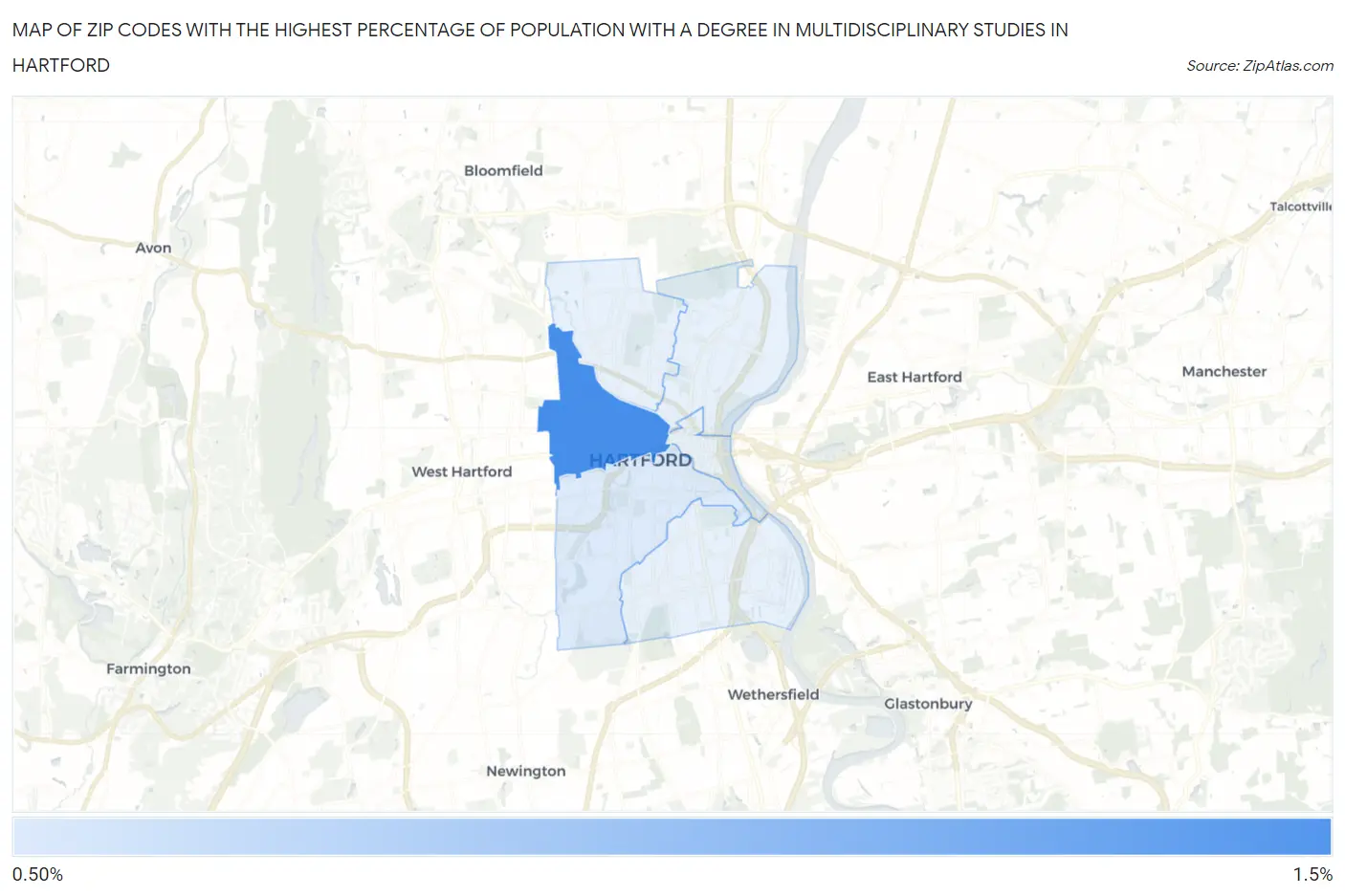 Zip Codes with the Highest Percentage of Population with a Degree in Multidisciplinary Studies in Hartford Map