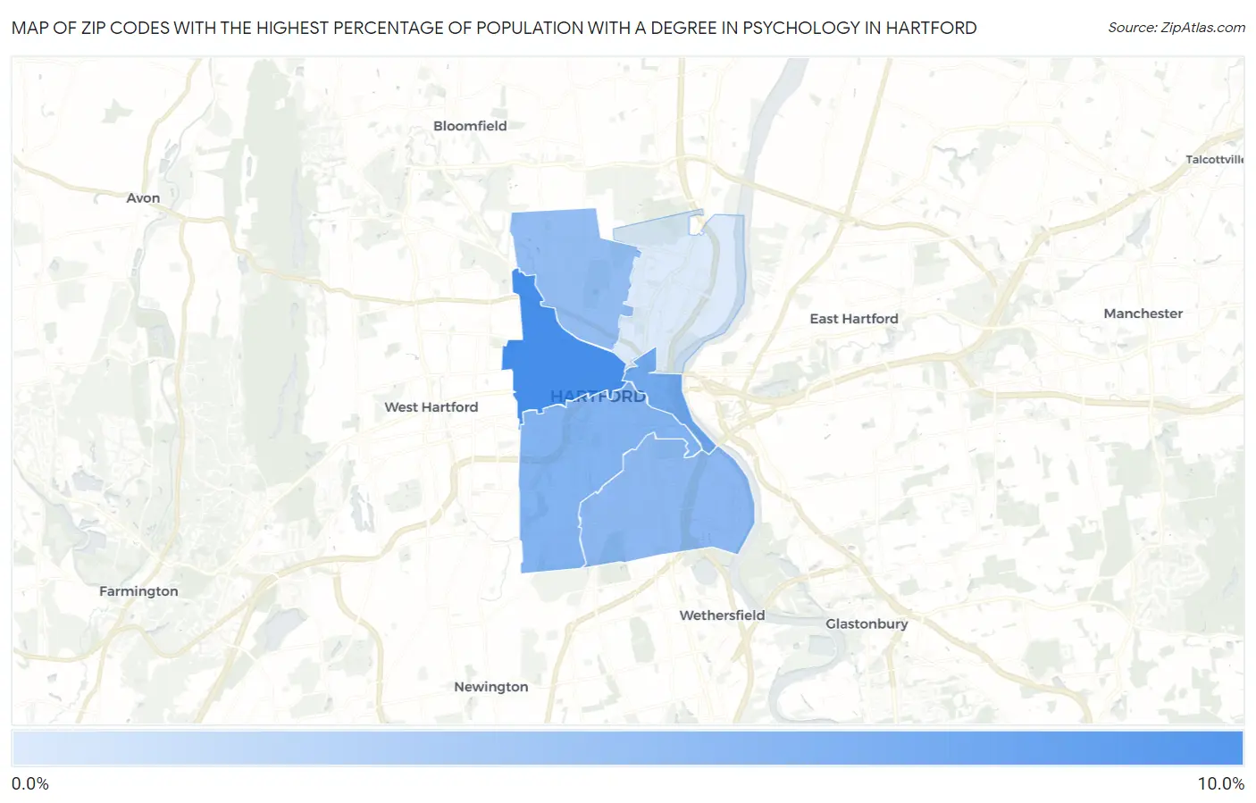 Zip Codes with the Highest Percentage of Population with a Degree in Psychology in Hartford Map