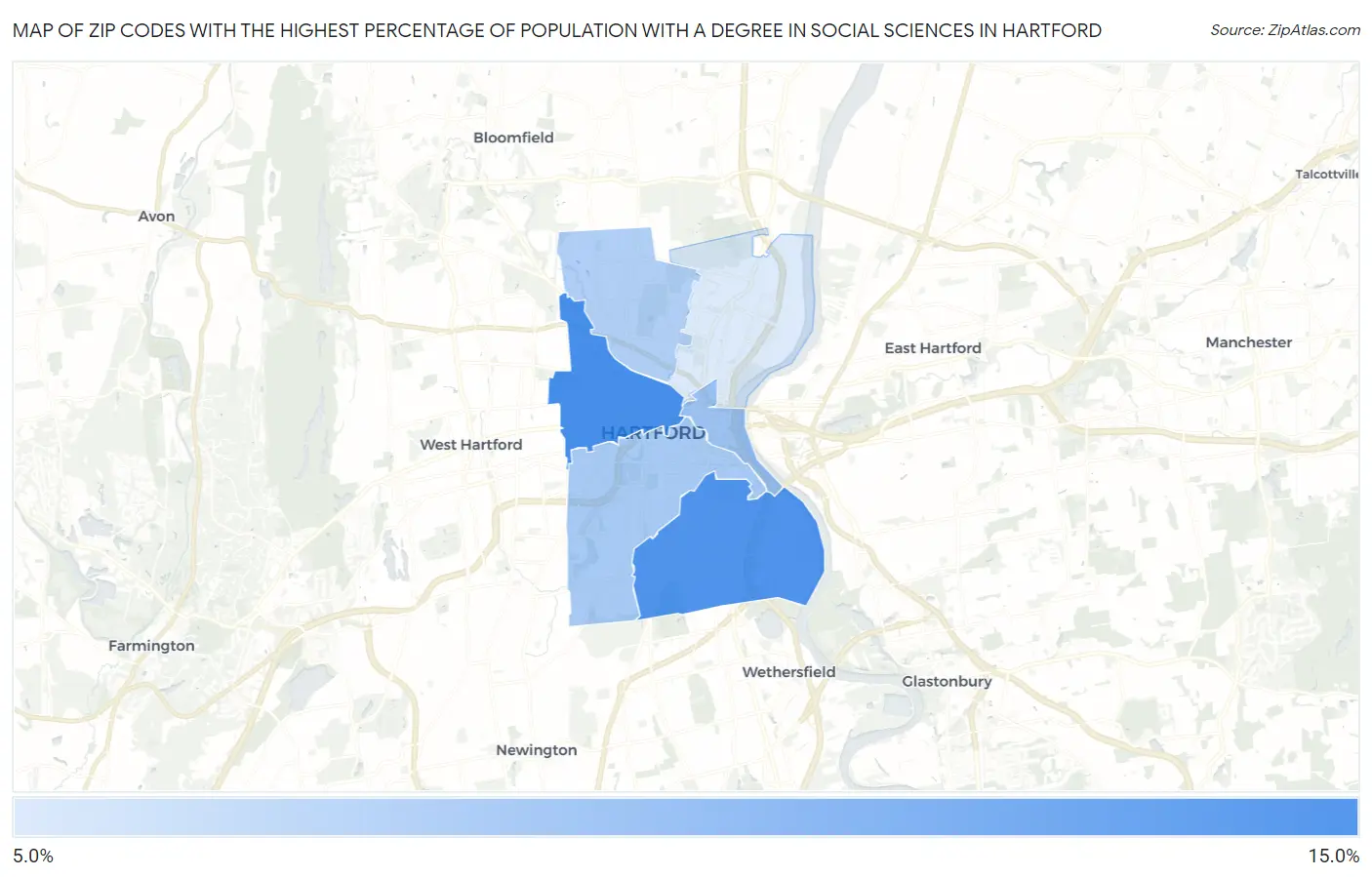Zip Codes with the Highest Percentage of Population with a Degree in Social Sciences in Hartford Map