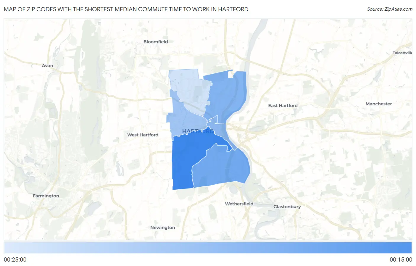 Zip Codes with the Shortest Median Commute Time to Work in Hartford Map