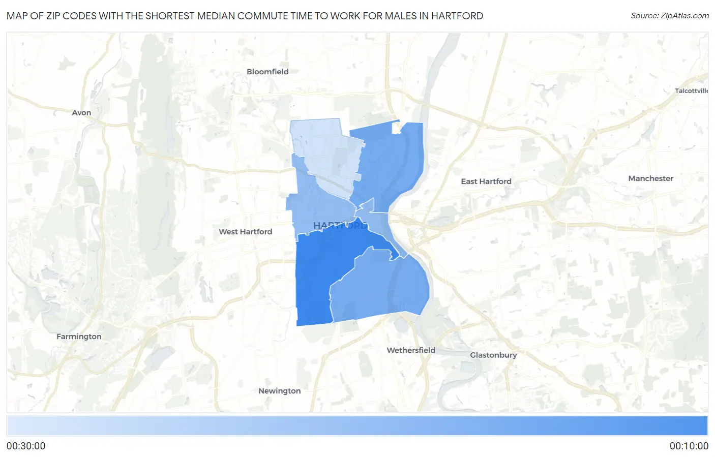 Zip Codes with the Shortest Median Commute Time to Work for Males in Hartford Map