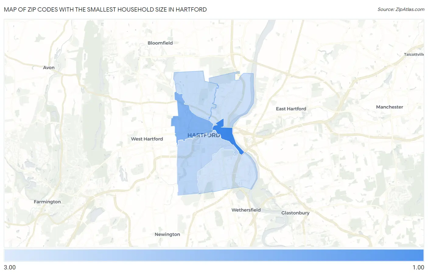 Zip Codes with the Smallest Household Size in Hartford Map