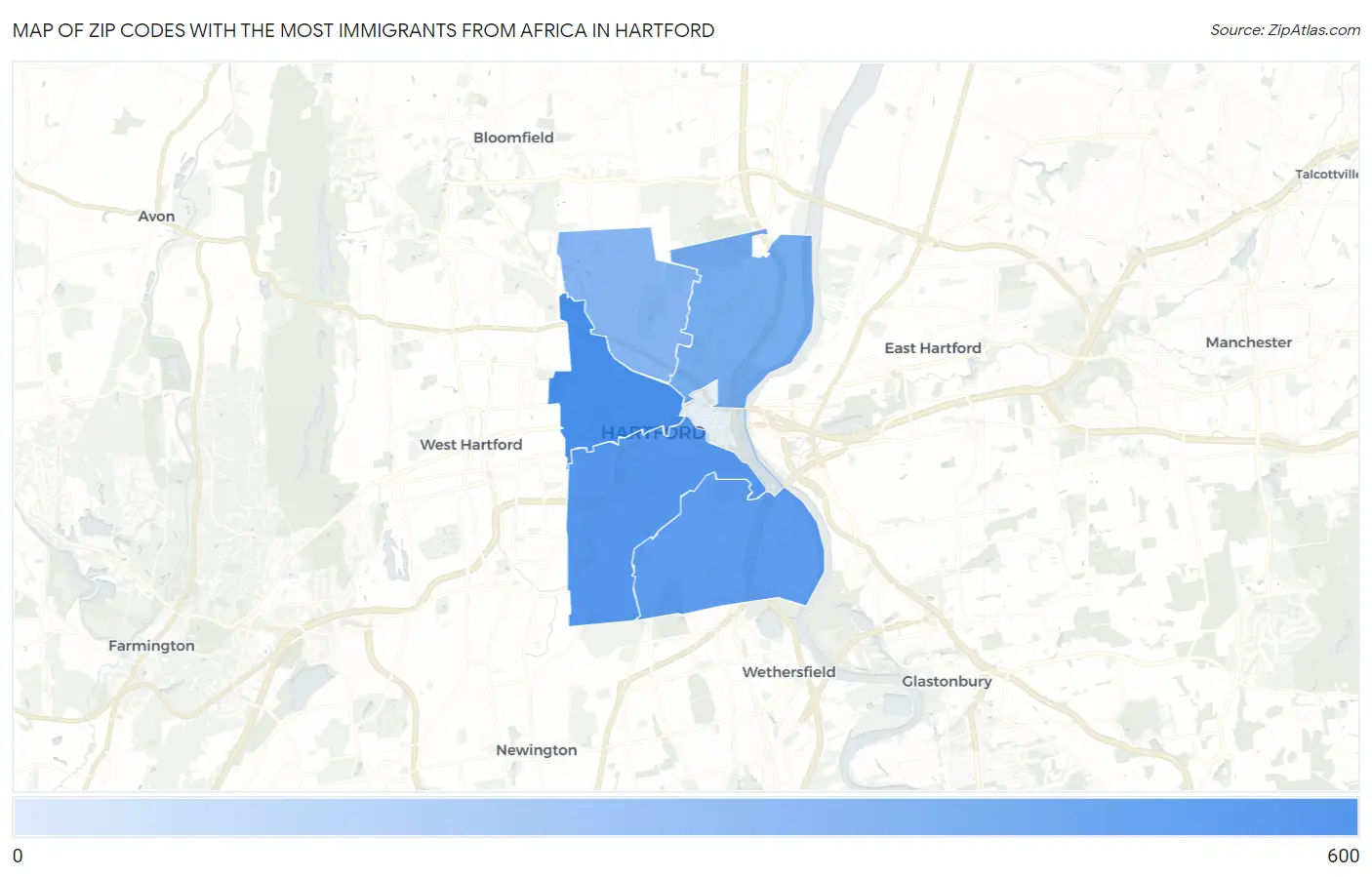 Zip Codes with the Most Immigrants from Africa in Hartford Map